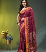 magenta cotton blend saree with ethnic motifs