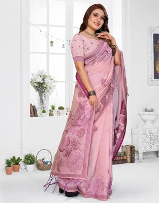pink jacquard cotton blend saree with blouse  2