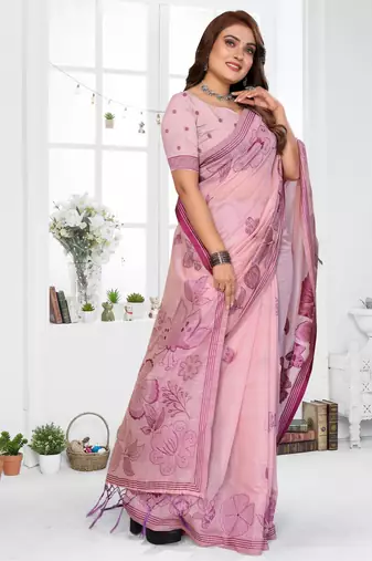 pink jacquard cotton blend saree with blouse 