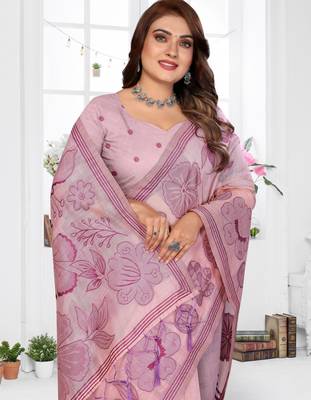 pink jacquard cotton blend saree with blouse  3
