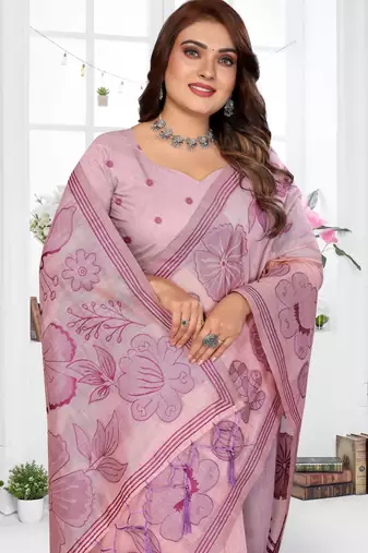 pink jacquard cotton blend saree with blouse 