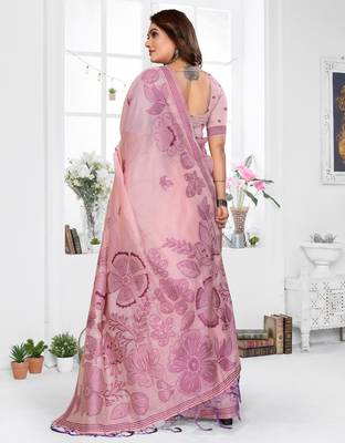 pink jacquard cotton blend saree with blouse  4