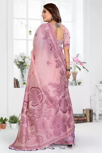 pink jacquard cotton blend saree with blouse 