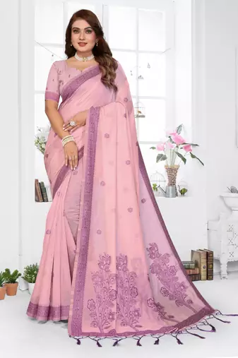 pink jacquard cotton blend saree with blouse 