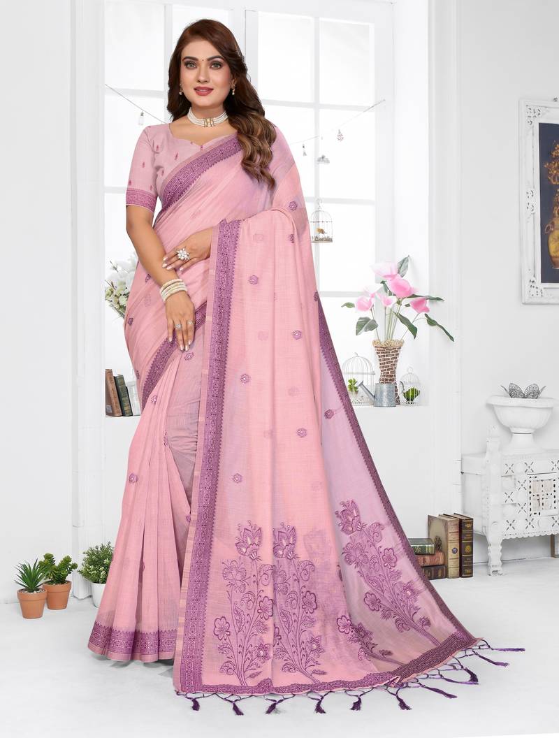 pink jacquard cotton blend saree with blouse 