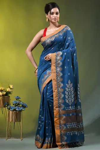 sapphire blue cotton blend saree with ethnic motifs