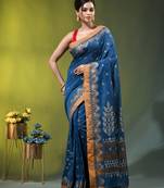 sapphire blue cotton blend saree with ethnic motifs