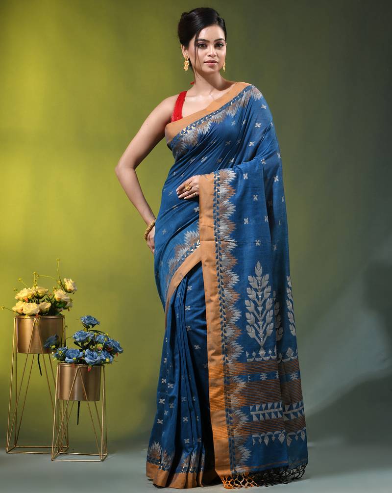 sapphire blue cotton blend saree with ethnic motifs
