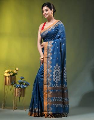 sapphire blue cotton blend saree with ethnic motifs 2