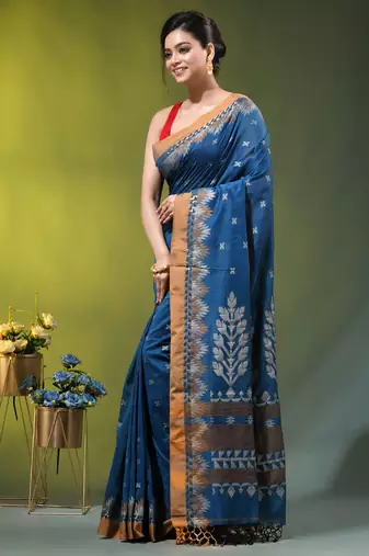 sapphire blue cotton blend saree with ethnic motifs