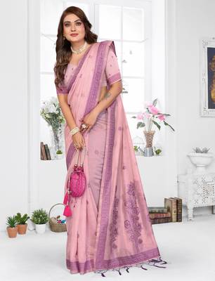 pink jacquard cotton blend saree with blouse  2