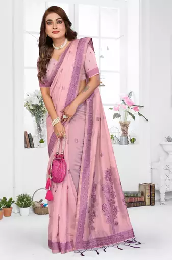 pink jacquard cotton blend saree with blouse 