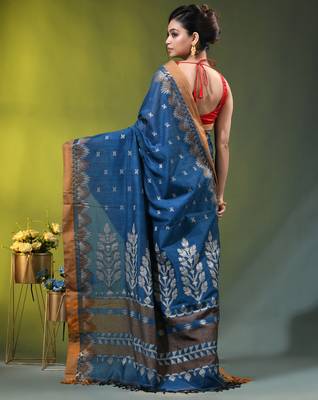 sapphire blue cotton blend saree with ethnic motifs 3