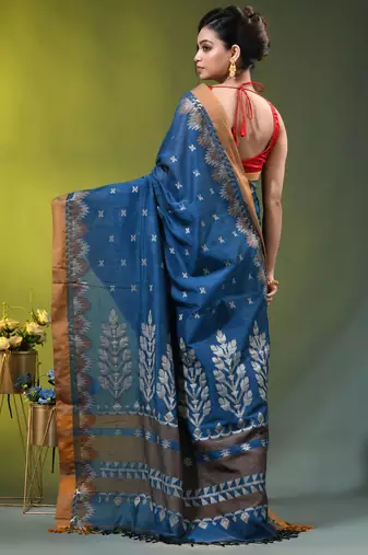 sapphire blue cotton blend saree with ethnic motifs