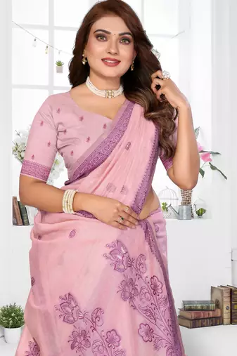 pink jacquard cotton blend saree with blouse 