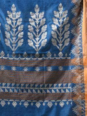 sapphire blue cotton blend saree with ethnic motifs 4