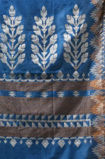 sapphire blue cotton blend saree with ethnic motifs