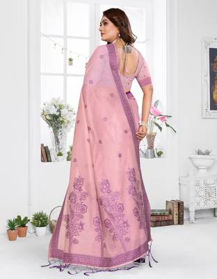 pink jacquard cotton blend saree with blouse  4