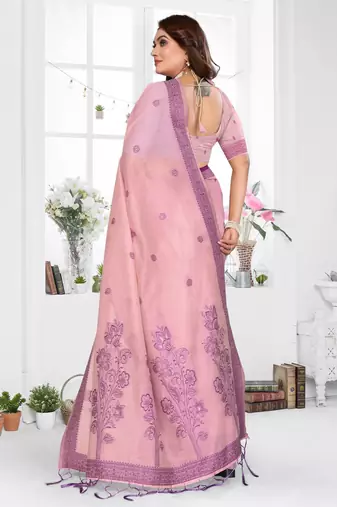 pink jacquard cotton blend saree with blouse 