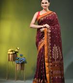 maroon cotton blend saree with ethnic motifs