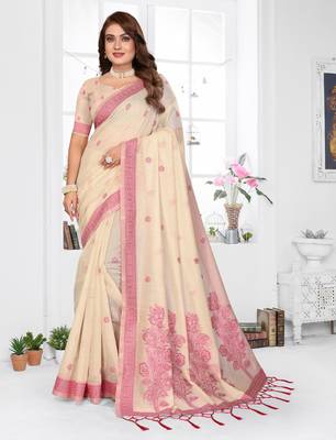 beige jacquard cotton blend saree with blouse  1