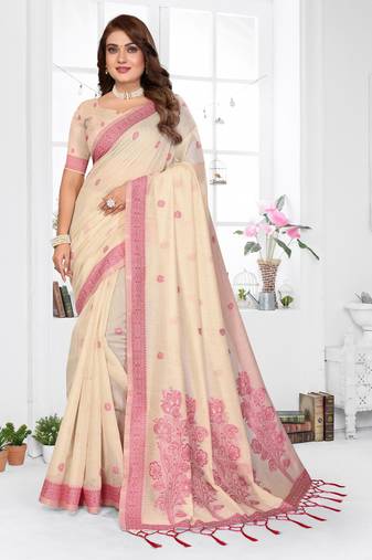 beige jacquard cotton blend saree with blouse 