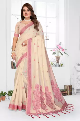 beige jacquard cotton blend saree with blouse 