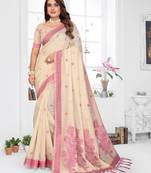 beige jacquard cotton blend saree with blouse 