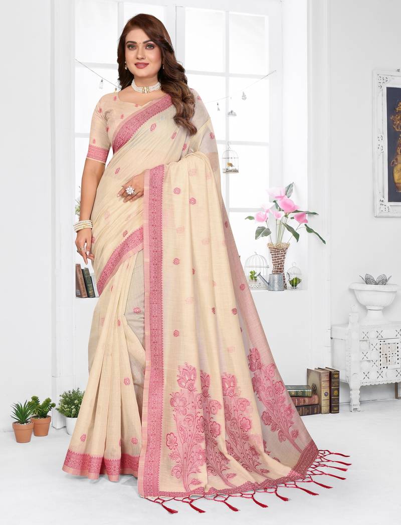 beige jacquard cotton blend saree with blouse 