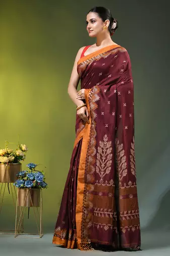 maroon cotton blend saree with ethnic motifs