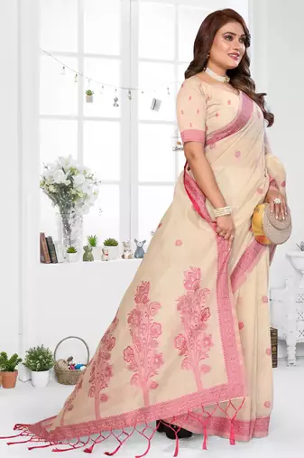 beige jacquard cotton blend saree with blouse 