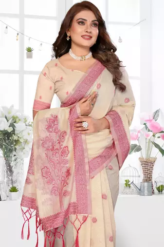 beige jacquard cotton blend saree with blouse 