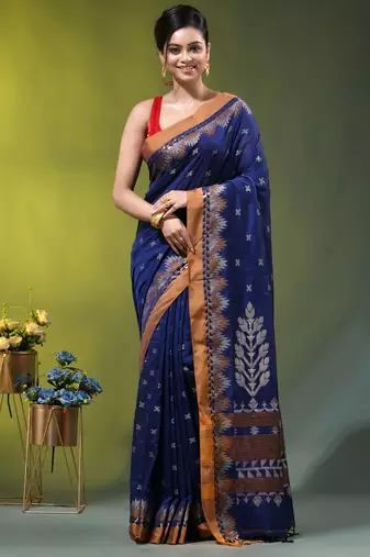 blue cotton blend saree with ethnic motifs