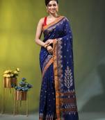 blue cotton blend saree with ethnic motifs