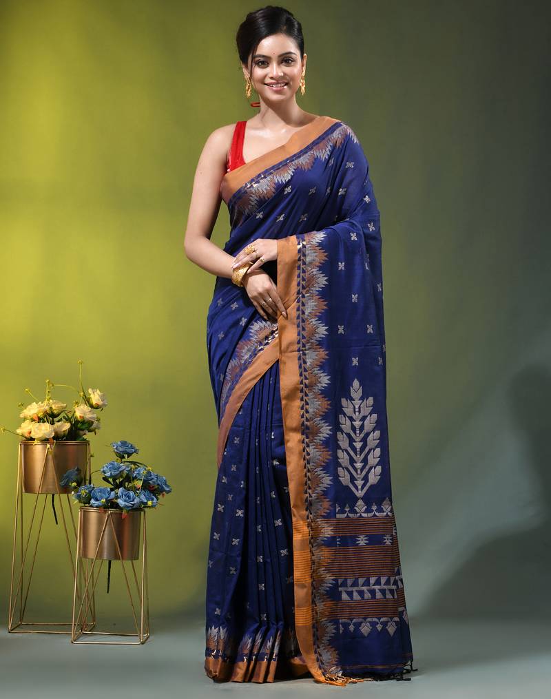 blue cotton blend saree with ethnic motifs