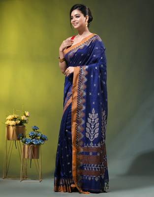 blue cotton blend saree with ethnic motifs 2