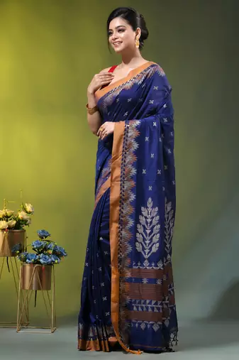 blue cotton blend saree with ethnic motifs