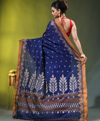 blue cotton blend saree with ethnic motifs 3
