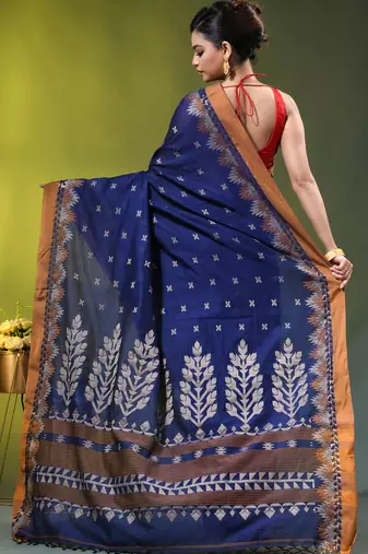 blue cotton blend saree with ethnic motifs