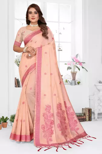 peach jacquard cotton blend saree with blouse 