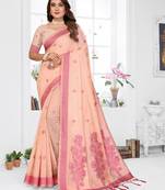 peach jacquard cotton blend saree with blouse 
