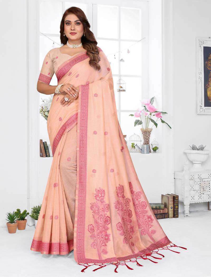 peach jacquard cotton blend saree with blouse 