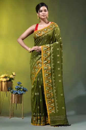 olive green cotton blend saree with ethnic motifs