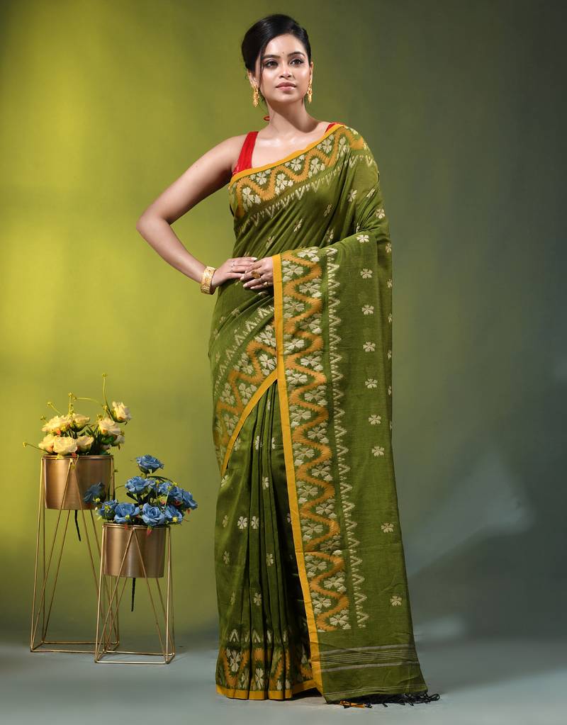 olive green cotton blend saree with ethnic motifs