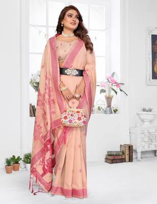 peach jacquard cotton blend saree with blouse  2