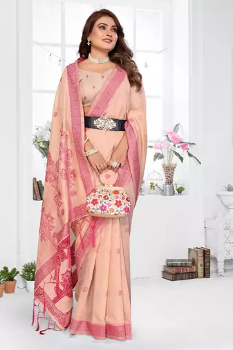 peach jacquard cotton blend saree with blouse 