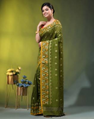 olive green cotton blend saree with ethnic motifs 2