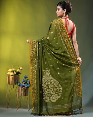 olive green cotton blend saree with ethnic motifs 3