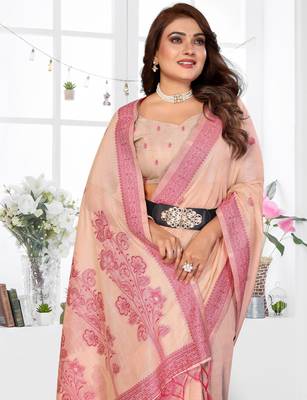 peach jacquard cotton blend saree with blouse  3