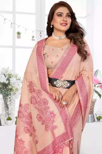 peach jacquard cotton blend saree with blouse 